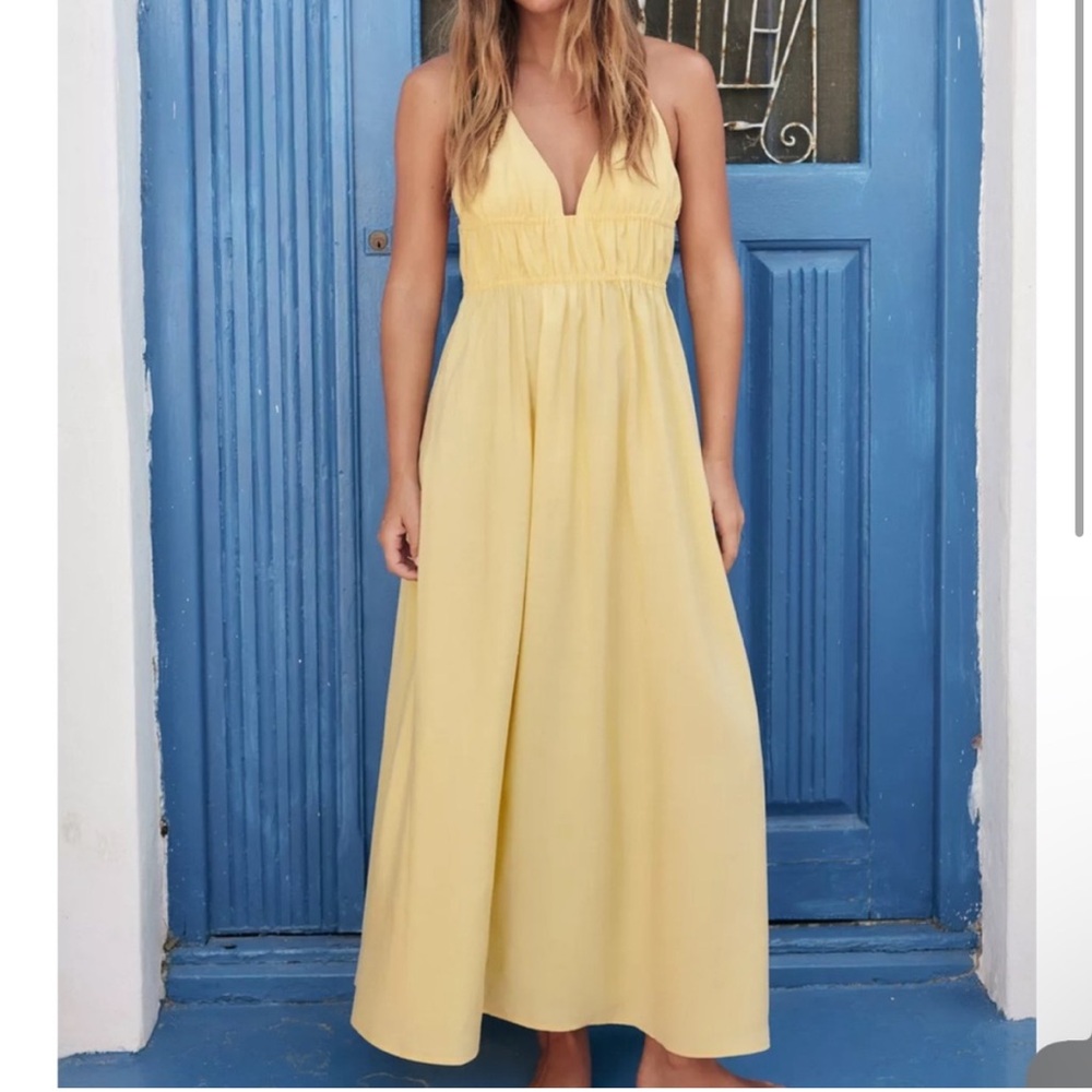 ZARA Butter Yellow Flowy Midi Dress XS Maxi A-line Sundress Strappy Open Back - Picture 2 of 15